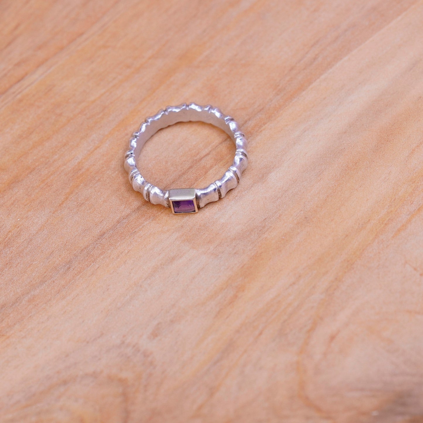 Size 7, AGAU 14K yellow gold Sterling silver ring, 925 bamboo band w/ amethyst