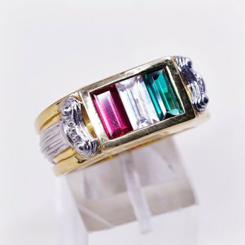 Sz 10.75, vermeil gold over Sterling Silver Ring, 925 Band W/ Lab Ruby N Peridot