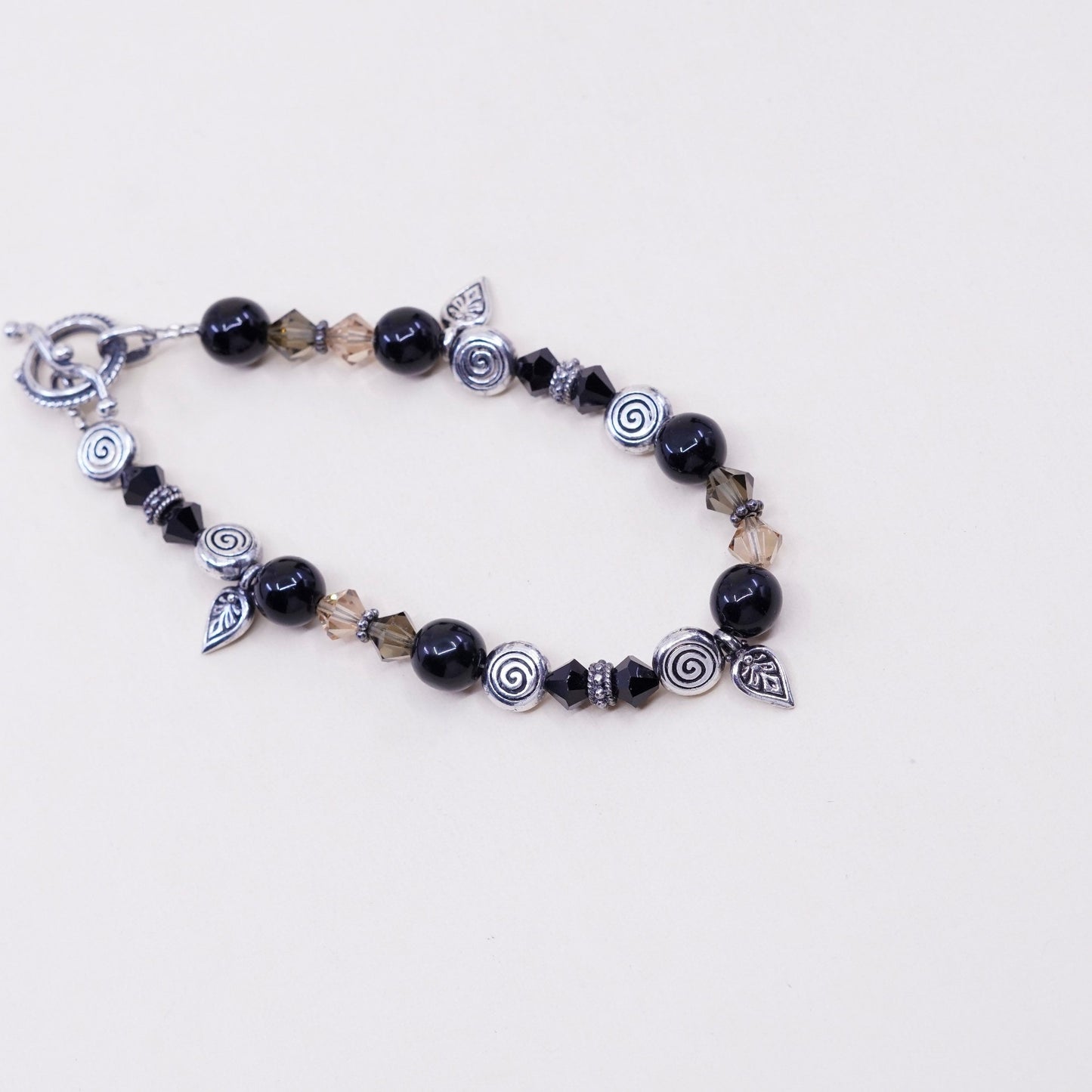 7”, Vintage Sterling silver bracelet, Mexico 925 beads w/ obsidian beads leaves