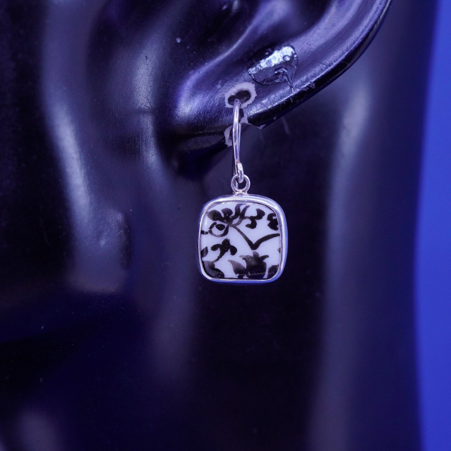 Vintage Sterling 925 silver earrings with broken porcelain China flower drops