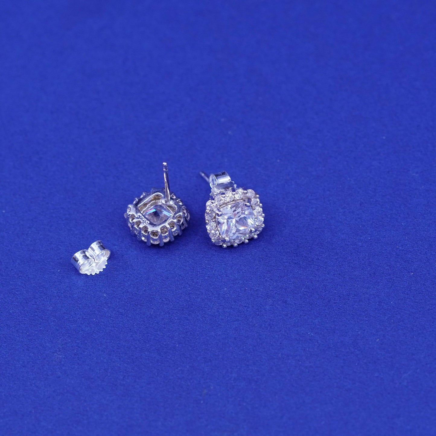 Vintage sterling silver handmade earrings, 925 studs with cluster CZ inlay