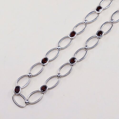 16+2” Vtg Handmade Sterling 925 Silver Oval Chain W/ Ruby Details, Stamped 925