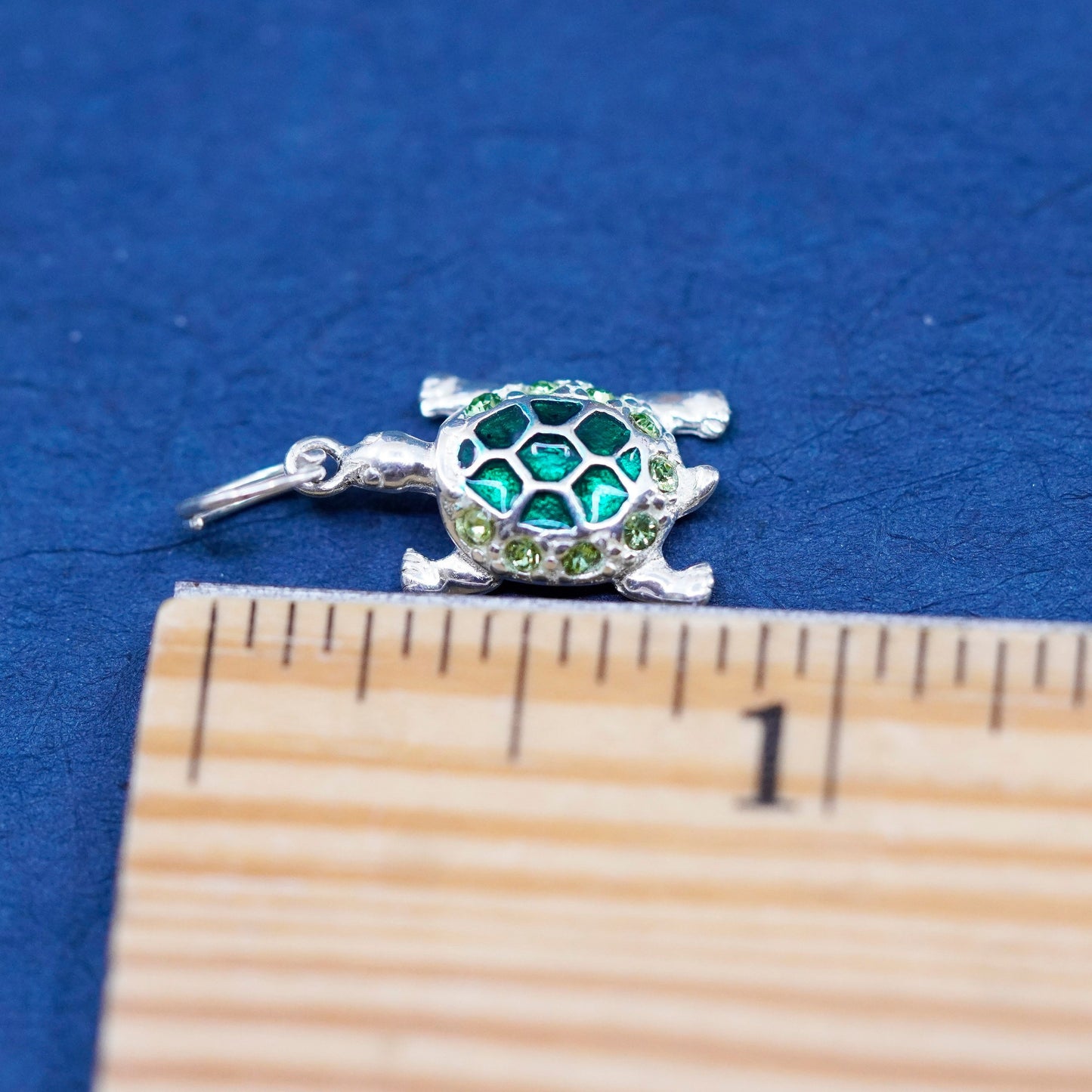 Vintage Sterling silver handmade pendant, 925 green enamel turtle charm