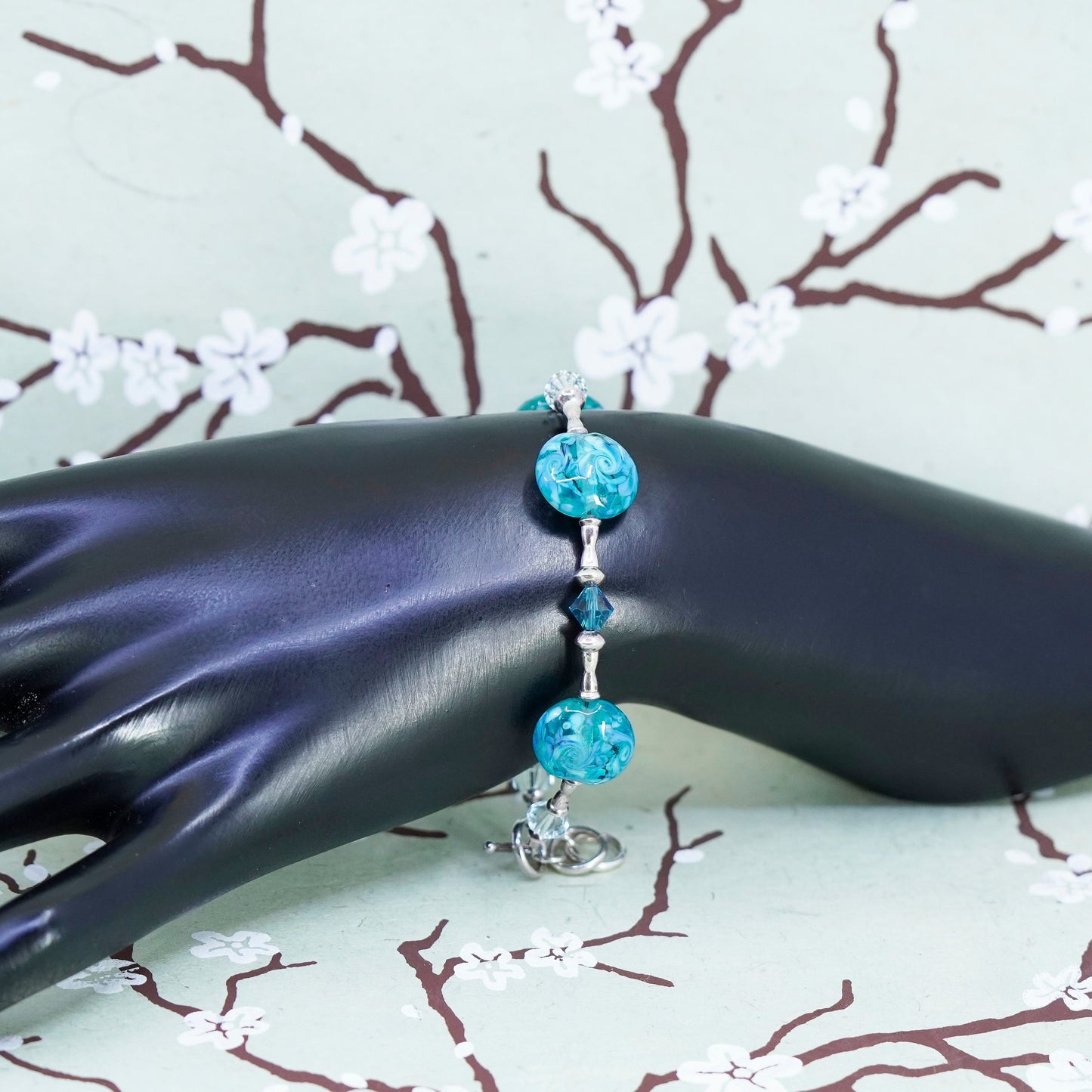 6.5”, vintage 925 Sterling silver bracelet with artisan blue glass beads