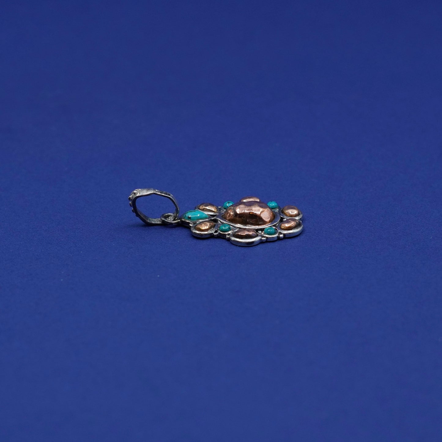 Vintage barse Sterling 925 silver handmade pendant w/ teardrop copper turquoise