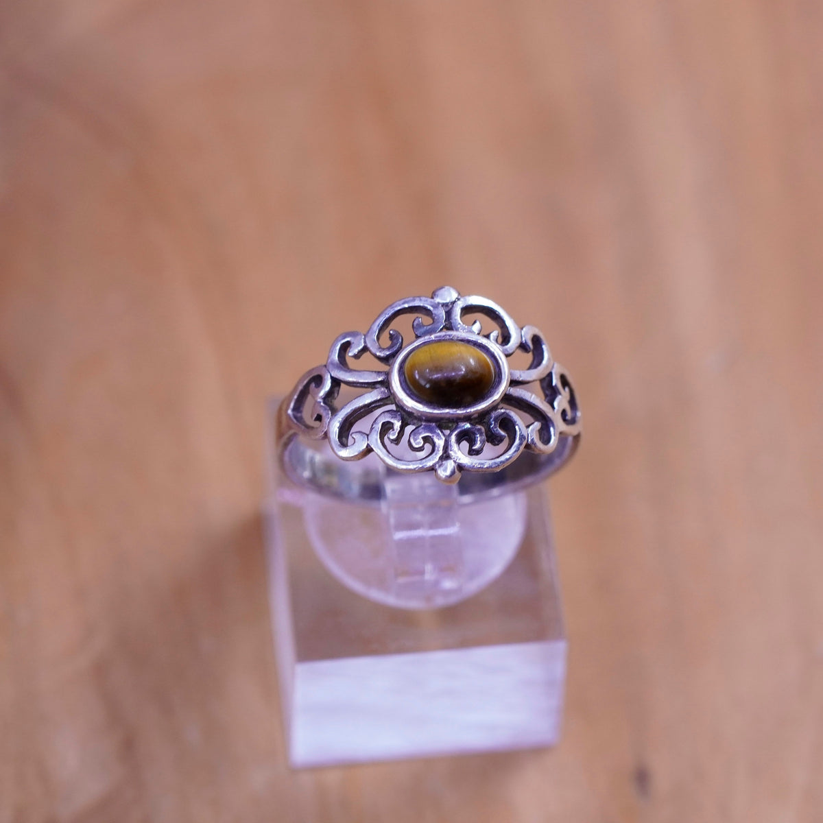 Size 7.5, vintage Sterling 925 silver handmade ring with golden tiger eye