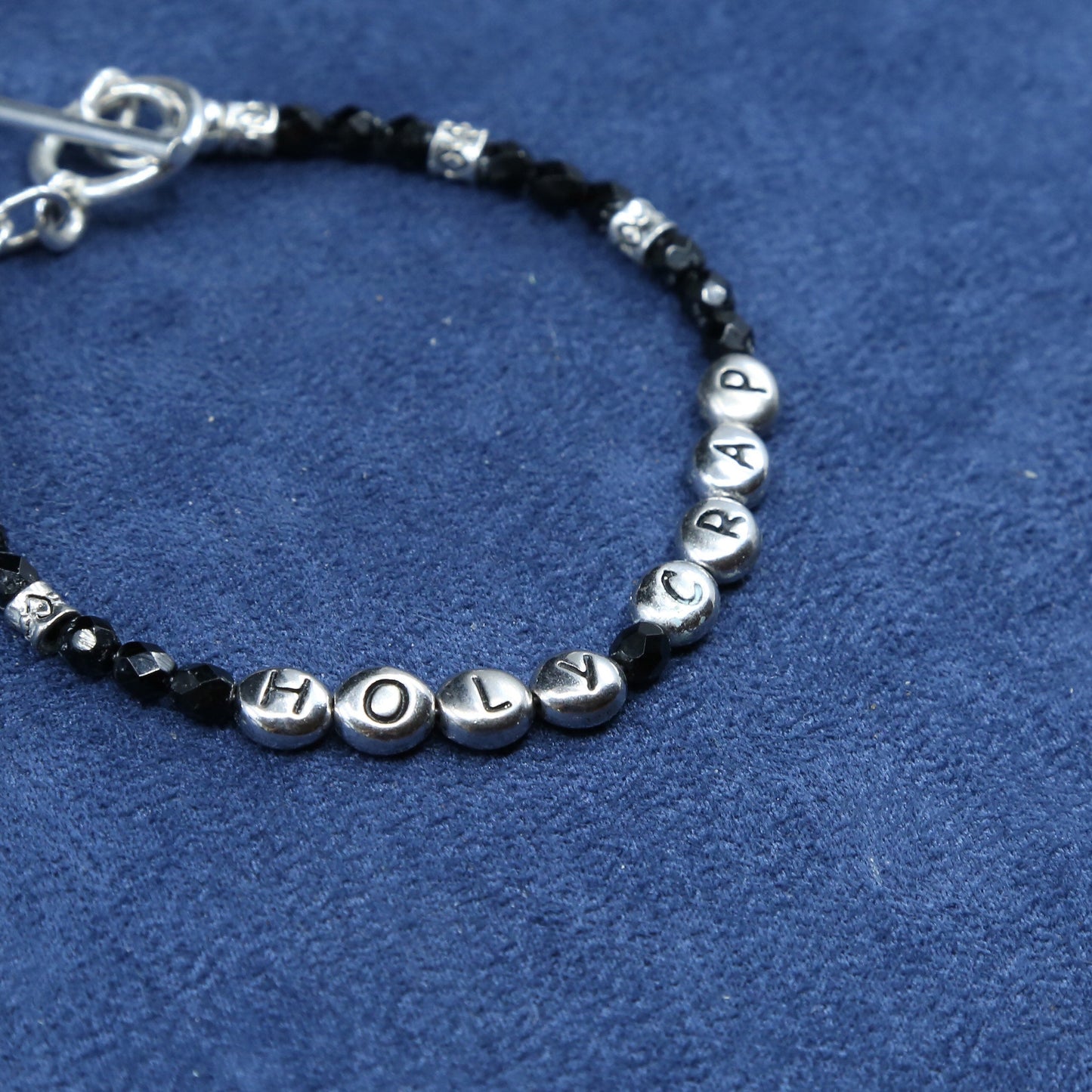 7”, vtg sterling 925 silver handmade bracelet “holy crap” w/ obsidian beads