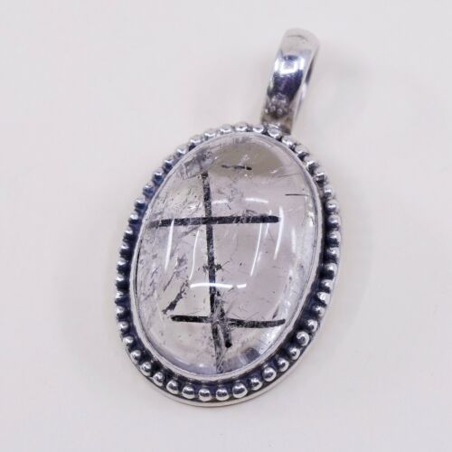 Vtg Sterling 925 Silver Handmade Pendant W/ tourmalated quartz N Beads Aeound