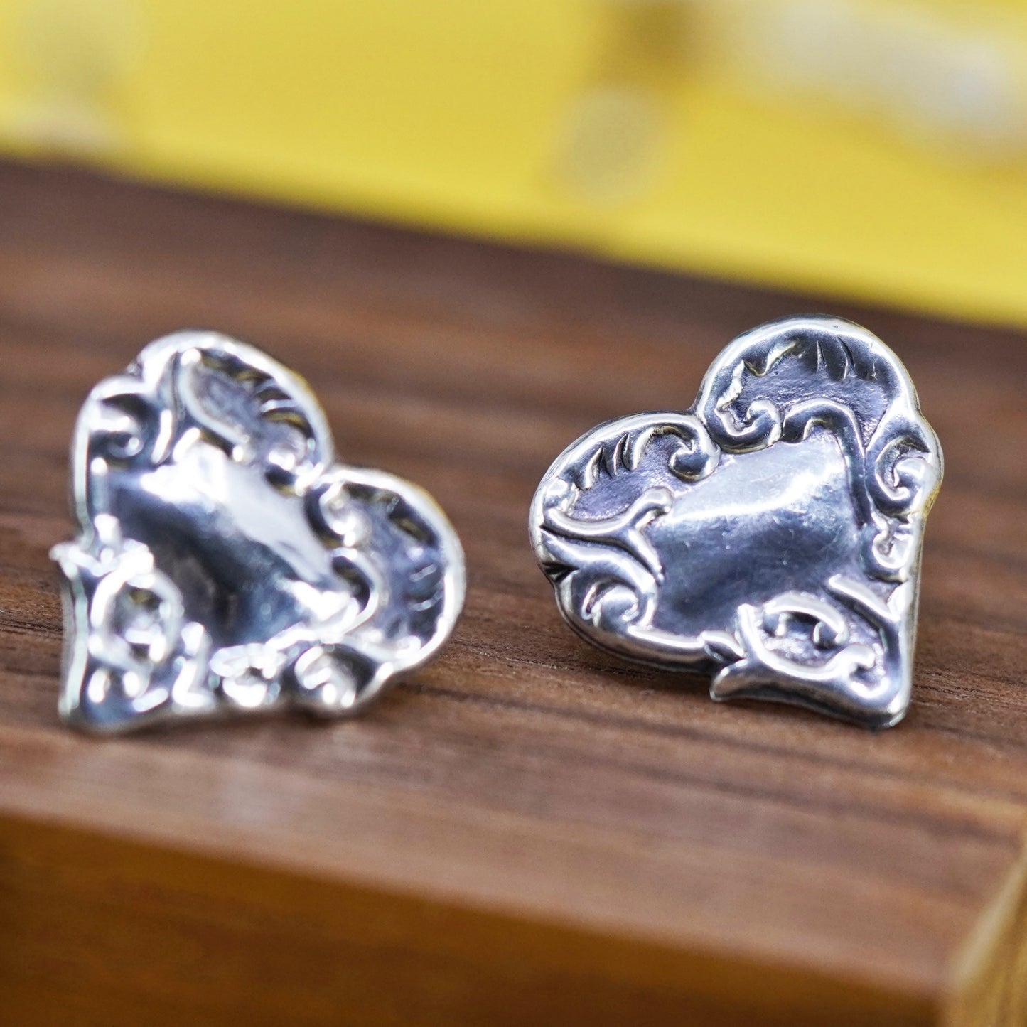 Vintage Sterling silver handmade earrings, textured 925 heart studs