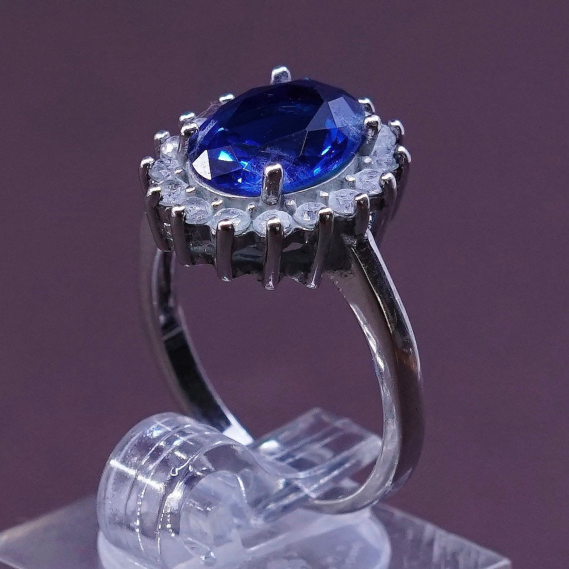 sz 6.25, vtg sterling silver handmade ring, 925 w/ crystal N sapphire details
