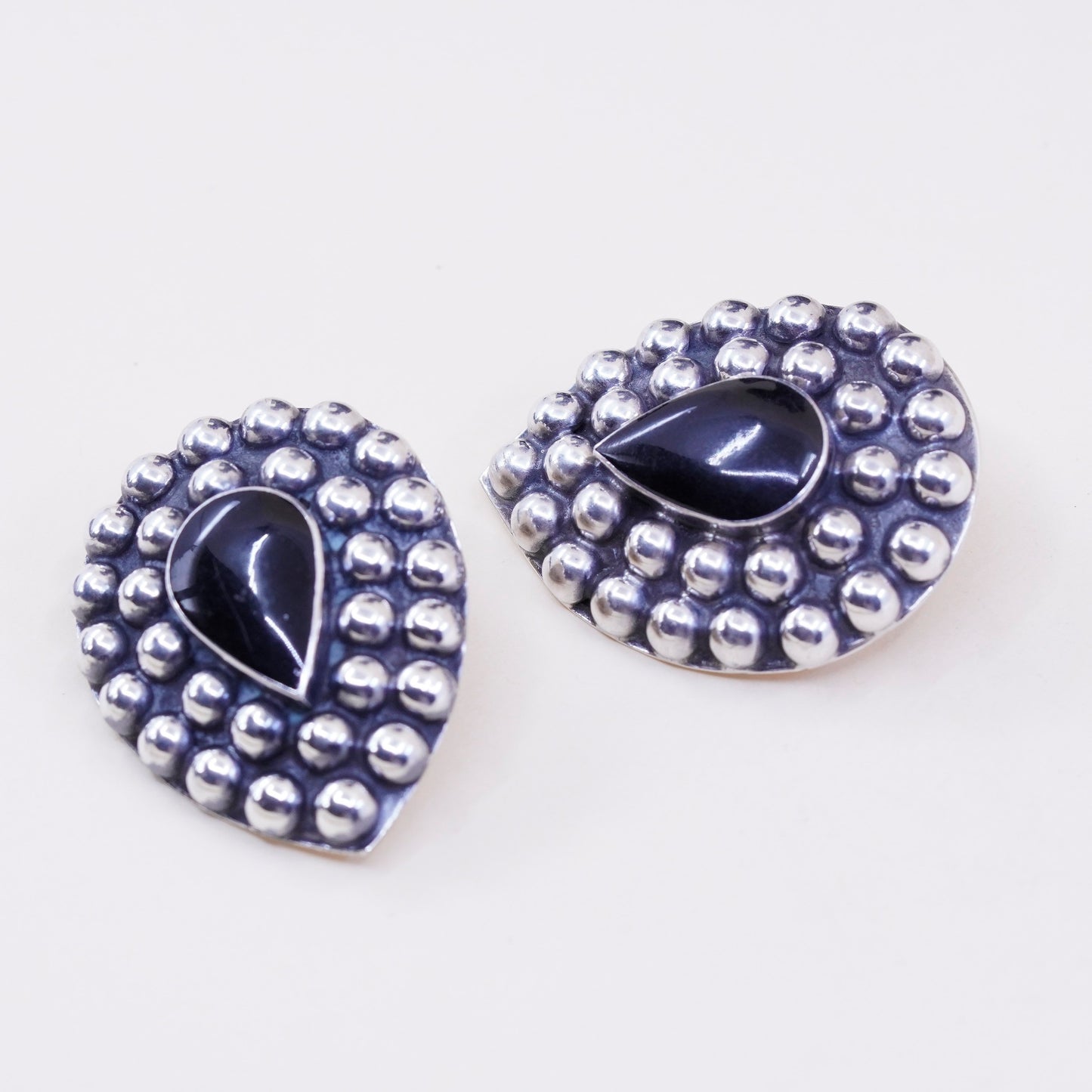mexico Sterling 925 silver clip on earrings with teardrop obsidian and beads