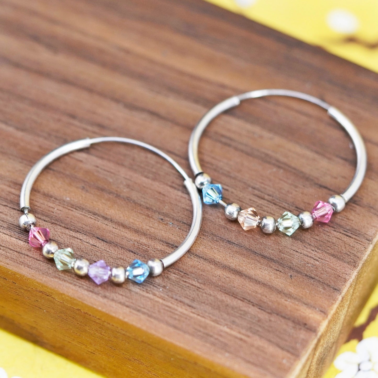 1.25”, vintage Italy Sterling silver handmade hoops 925 huggie earrings crystal