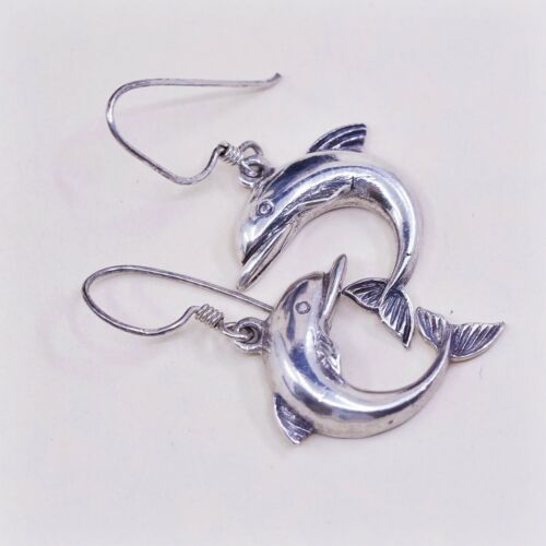 Vintage Sterling 925 Silver Handmade Dolphin Fishy dangle earrings, Stamped 925