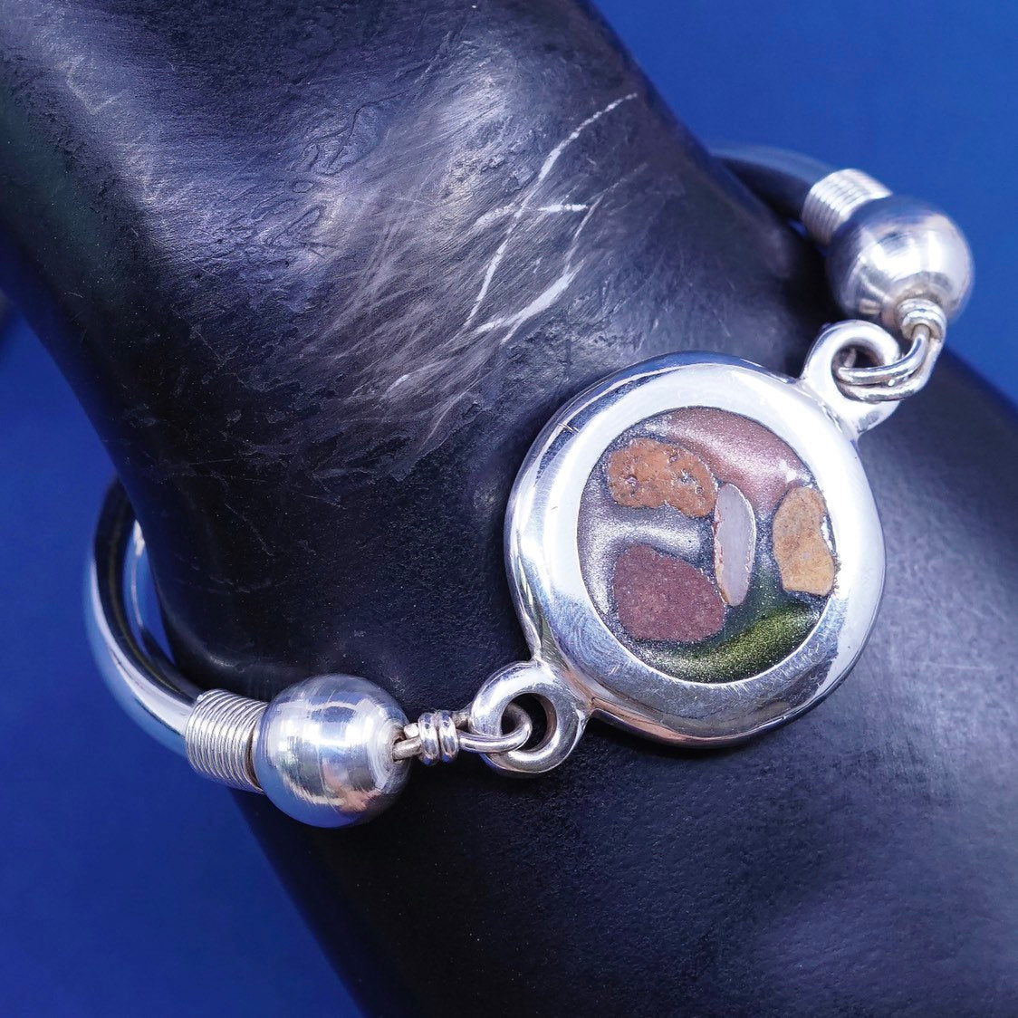 6.5", vtg Sterling silver handmade bracelet, bold 925 hinged bangle w/ resin