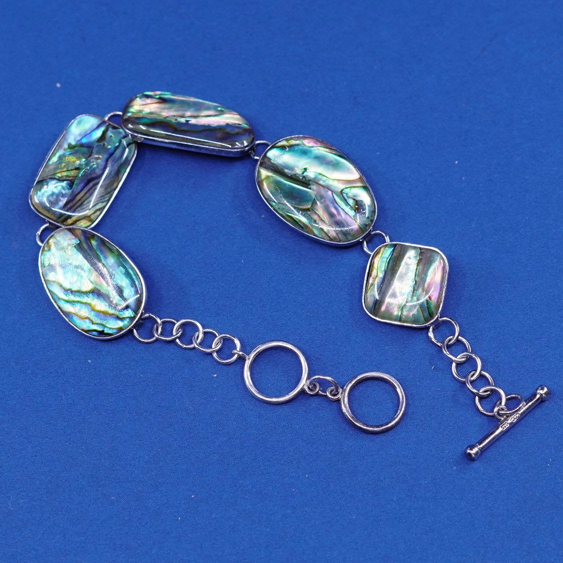 6.75”+1", vtg sterling silver handmade bracelet, 925 w/ abalone links N toggle