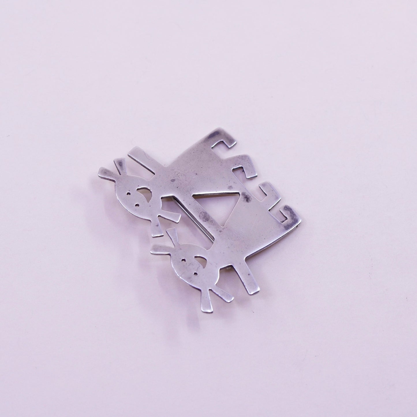 Vintage sterling 925 silver handmade brooch, two girls holding hands