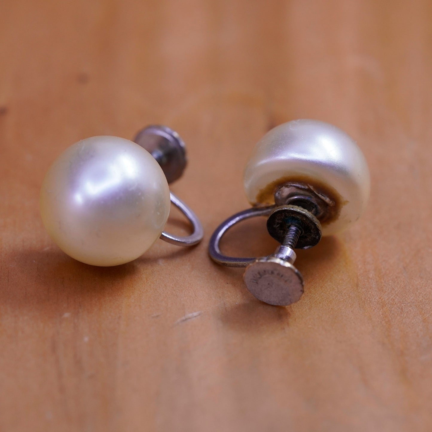 Vintage Sterling 925 silver screw handmade earrings with pearl
