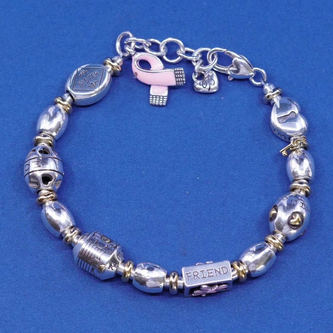 6.25+1”, vtg Brighton B Silver Tone bracelet, with heart charm “sister, mother