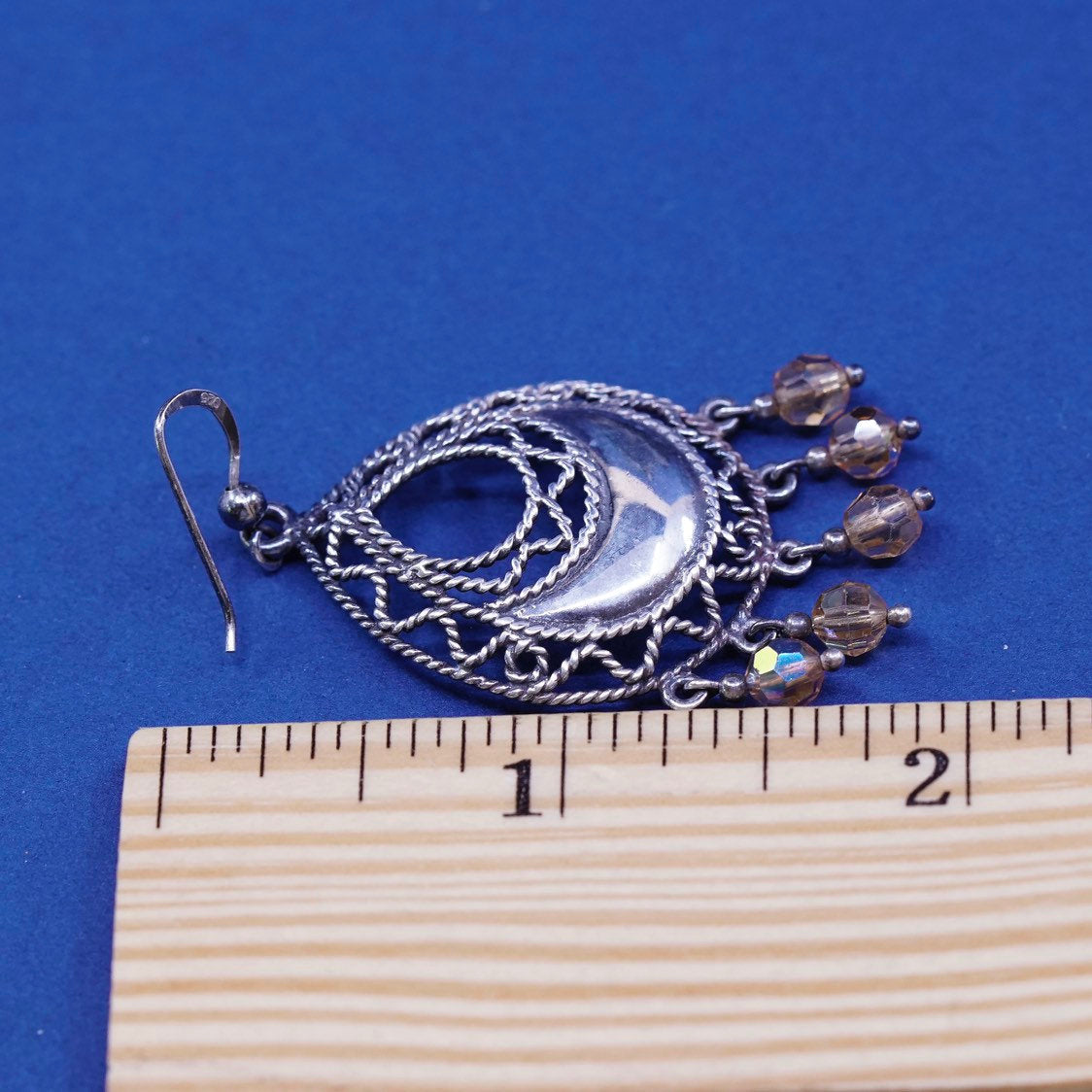 Sterling silver handmade earrings, 925 filigree teardrop drops fringe crystal