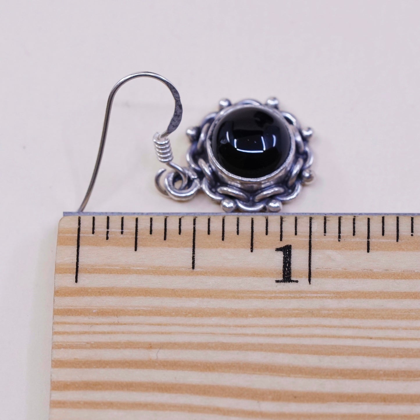 vtg Sterling silver handmade earrings, 925 drops w/ obsidian n beads