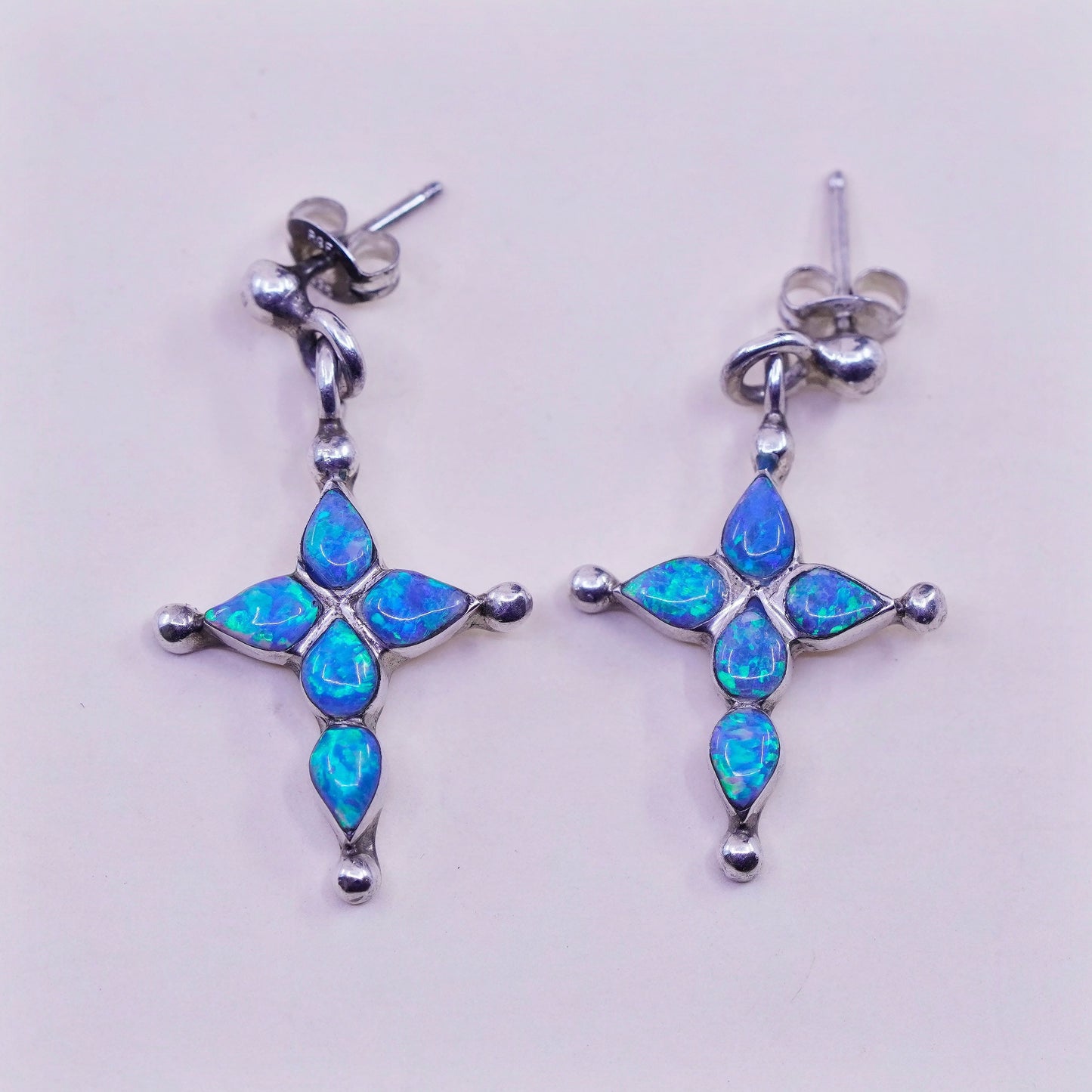 Native American Navajo Sterling 925 silver earrings, cross with fire opal