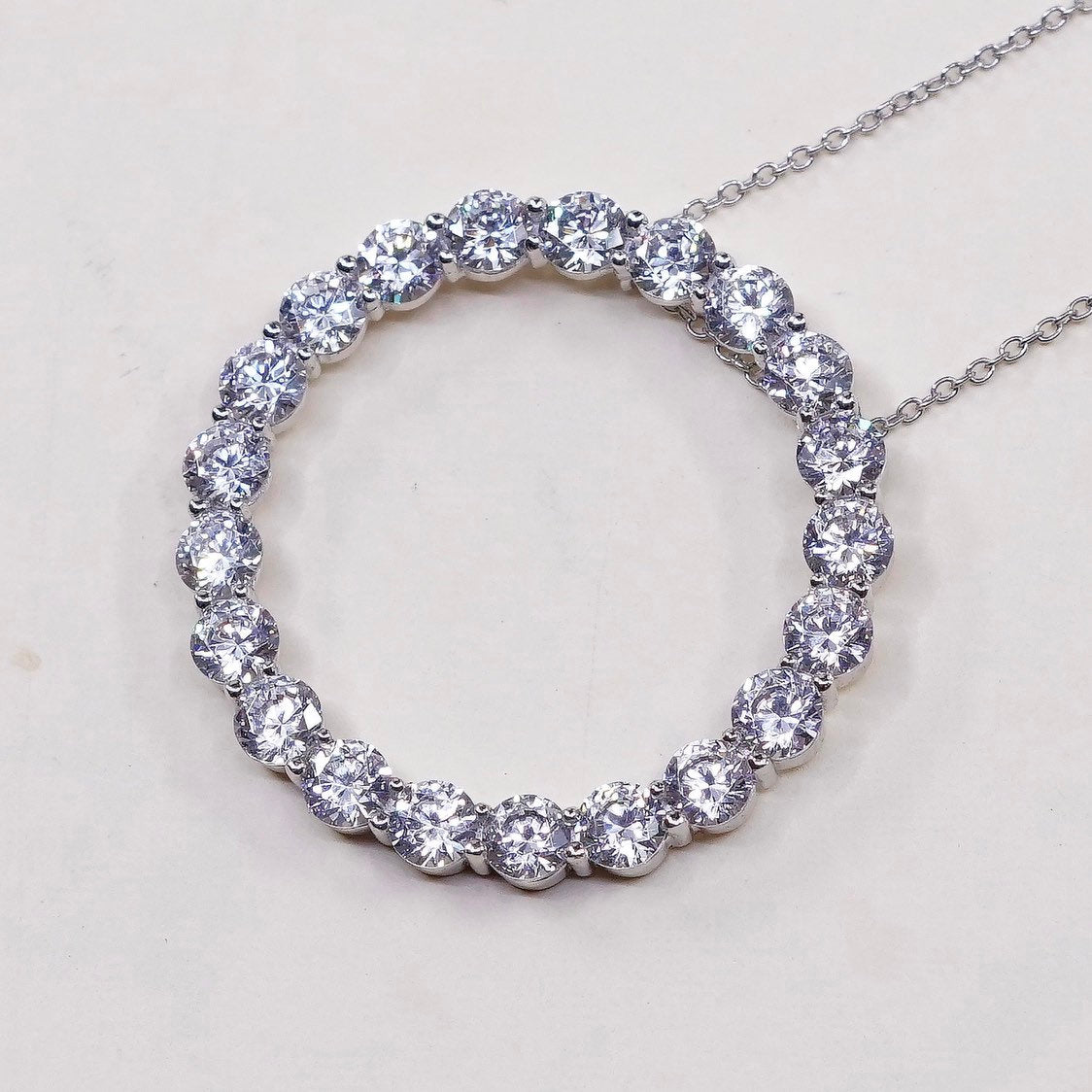 16+2”, vtg Sterling silver necklace 925 circle chain w/ circle pendant N Cz