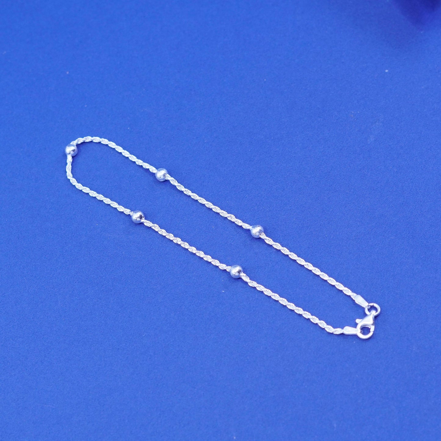 9.5”, vintage sterling silver handmade bracelet, 925 rope anklet chain beads