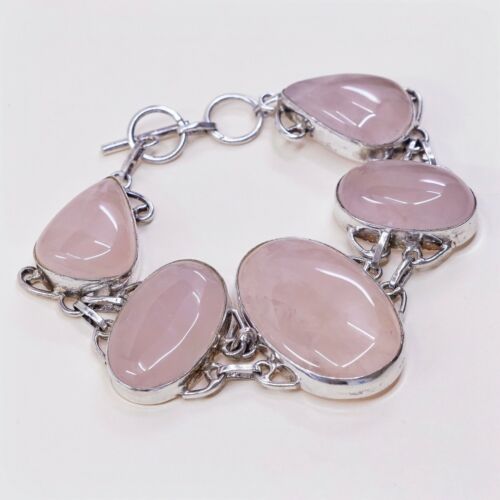 7+0.5”, Vtg Sterling Silver Handmade Bracelet W/ Huge Pink Quartz N Toggle Closu