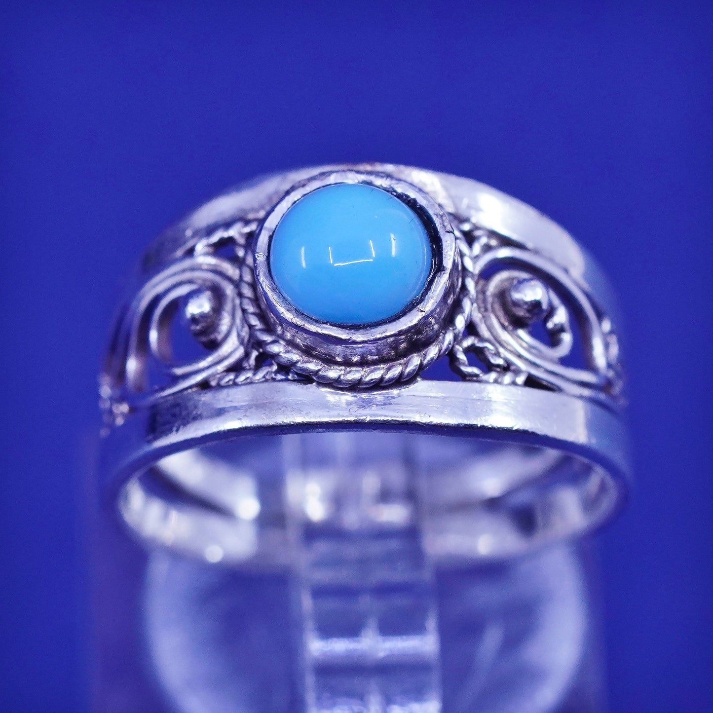 Size 7, vintage sterling silver handmade ring, 925 filigree band with blue onyx