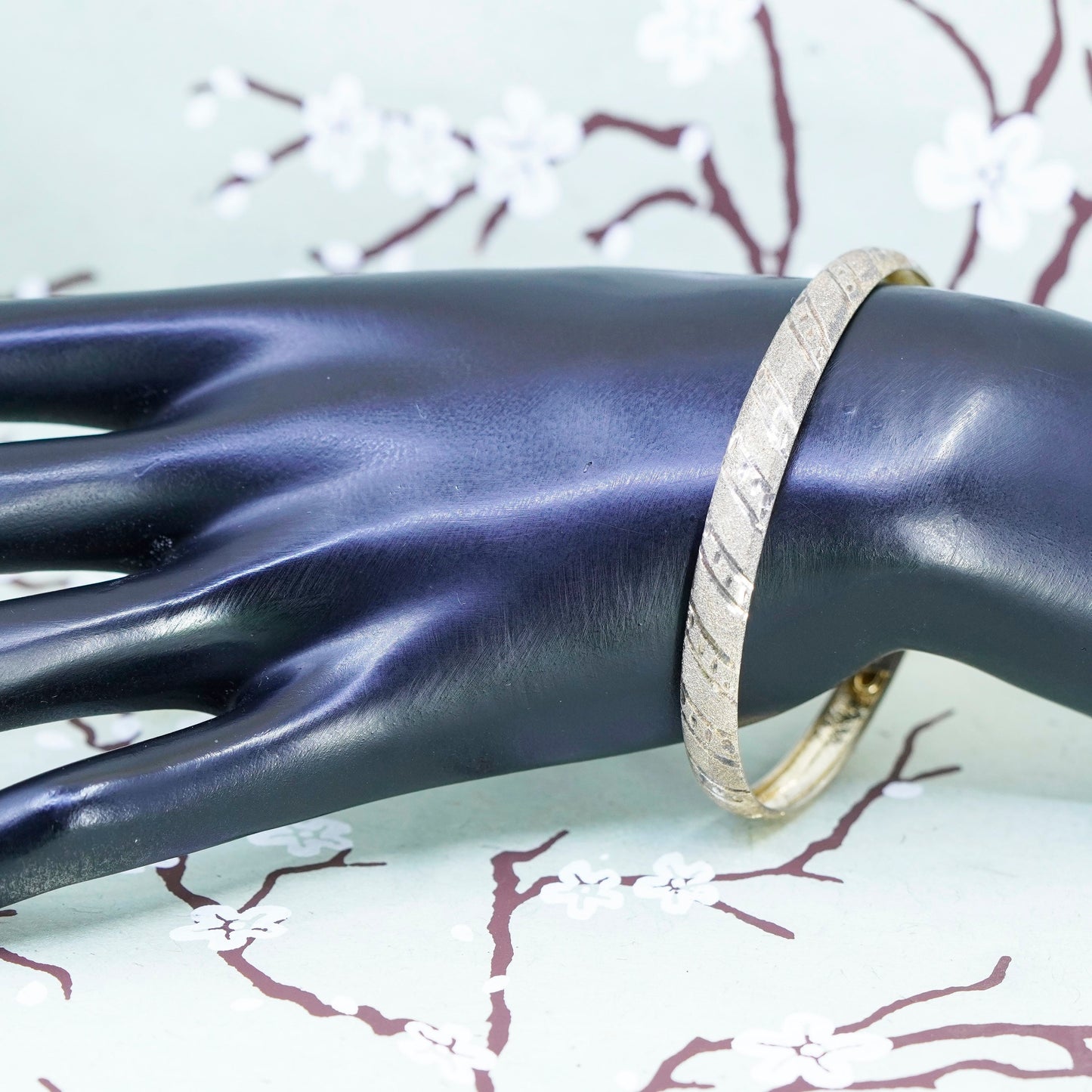 7.5”, vermeil gold over sterling silver bracelet, textured 925 hinged bangle