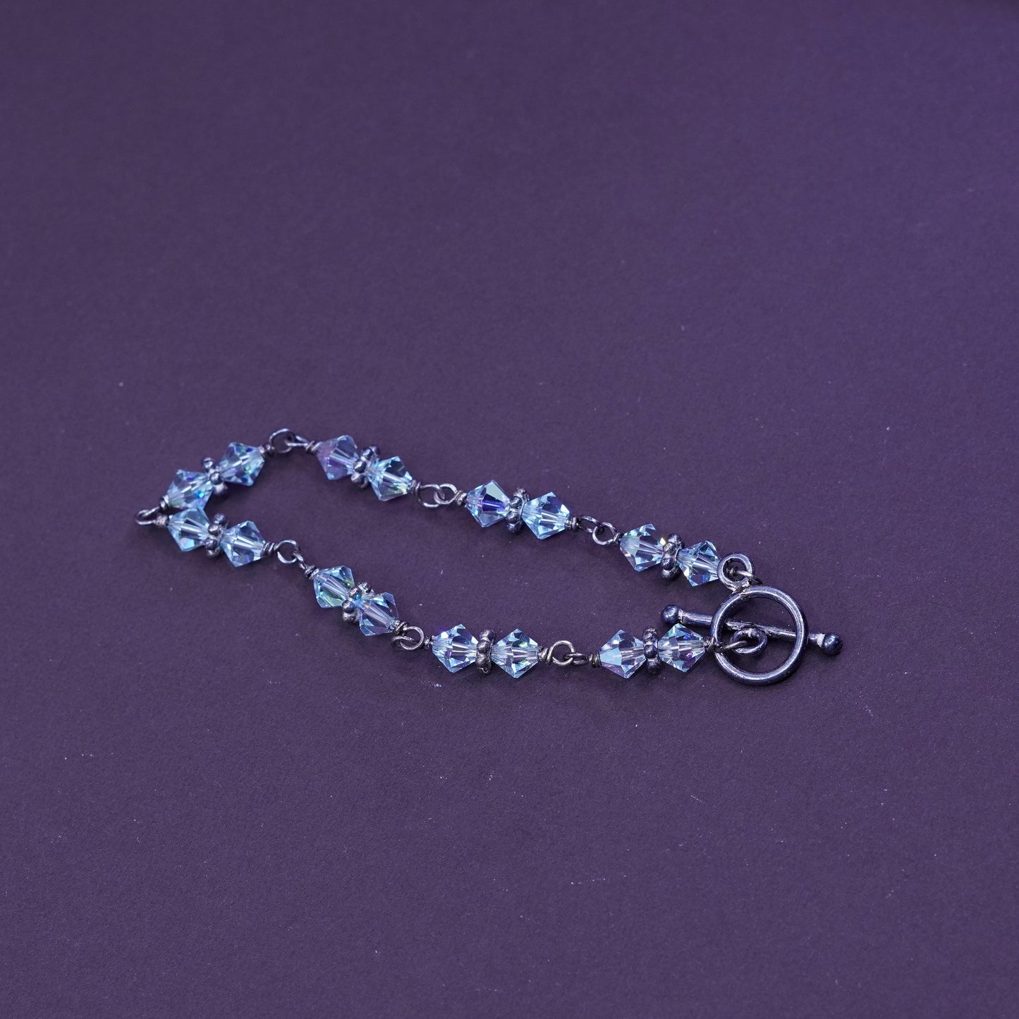 6.75”, vintage Sterling silver handmade bracelet, 925 chain with crystal beads