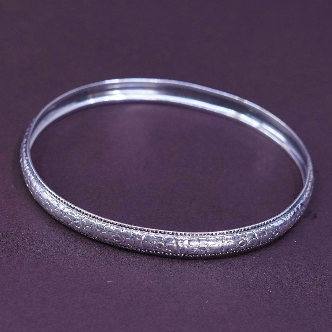 7.75", vtg Sterling silver handmade bracelet, Southwestern 925 bangle w/ floral