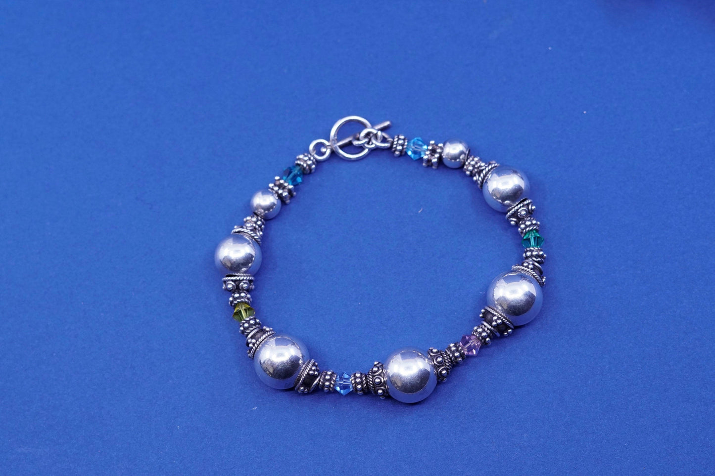 7.75”, vintage sterling 925 silver handmade bracelet with crystal beads