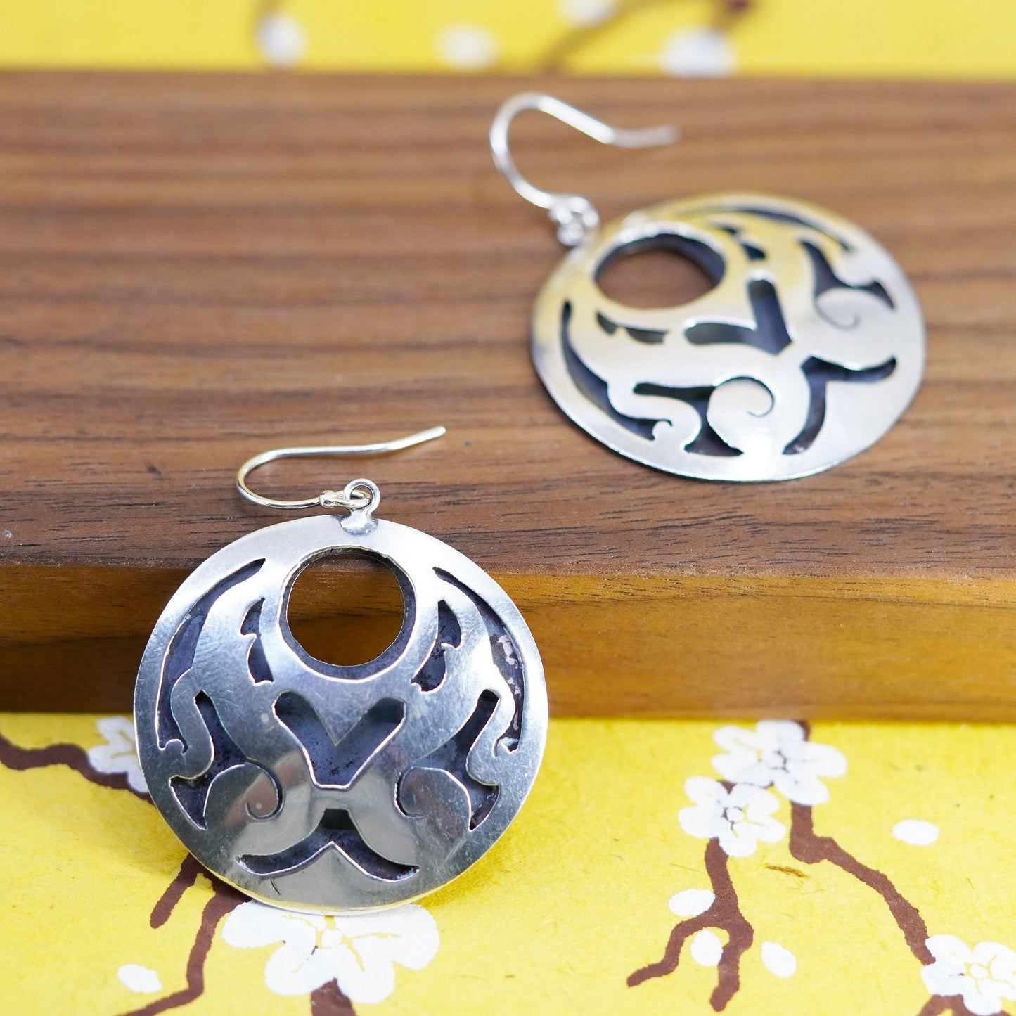 Vintage Mexico taxco Sterling silver handmade earrings, huge 900 circle dangle