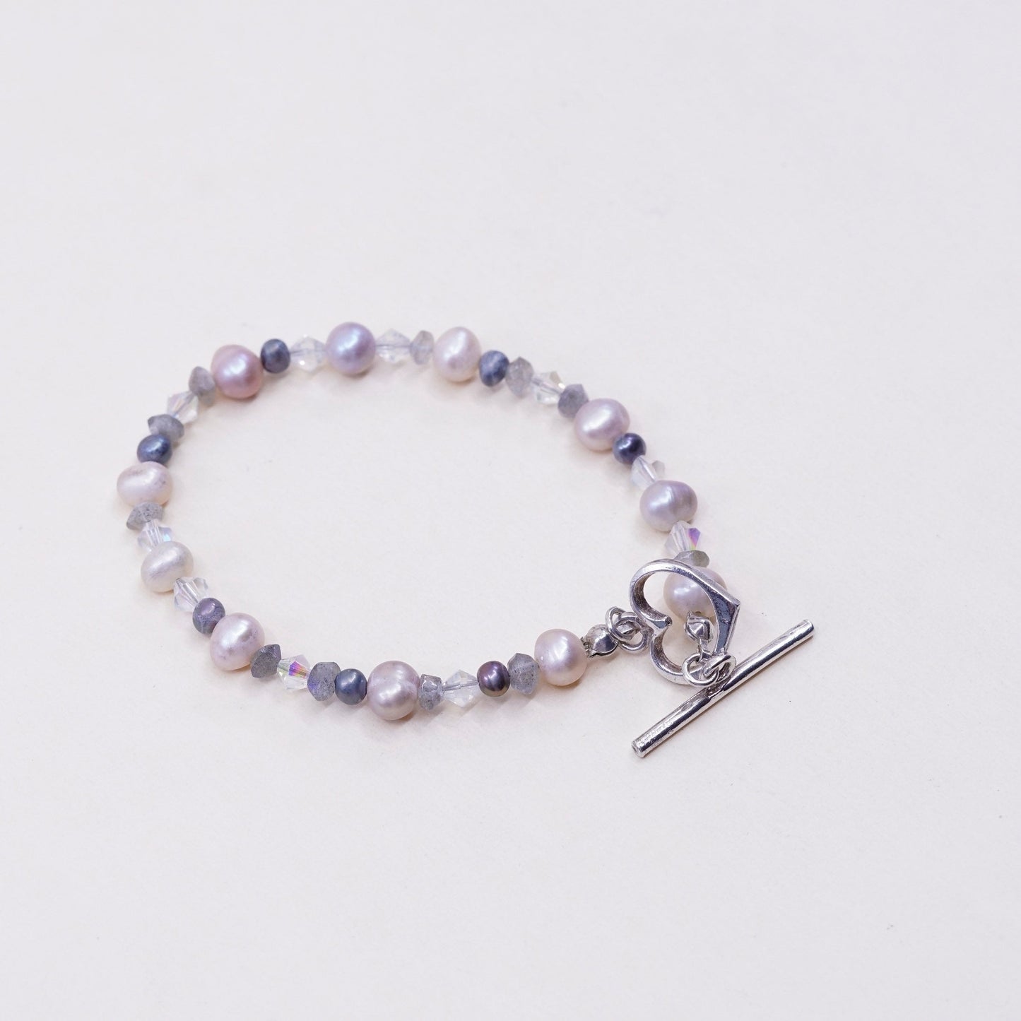6.75”, vtg Sterling 925 silver handmade bracelet, pearl w/ crystal N heart