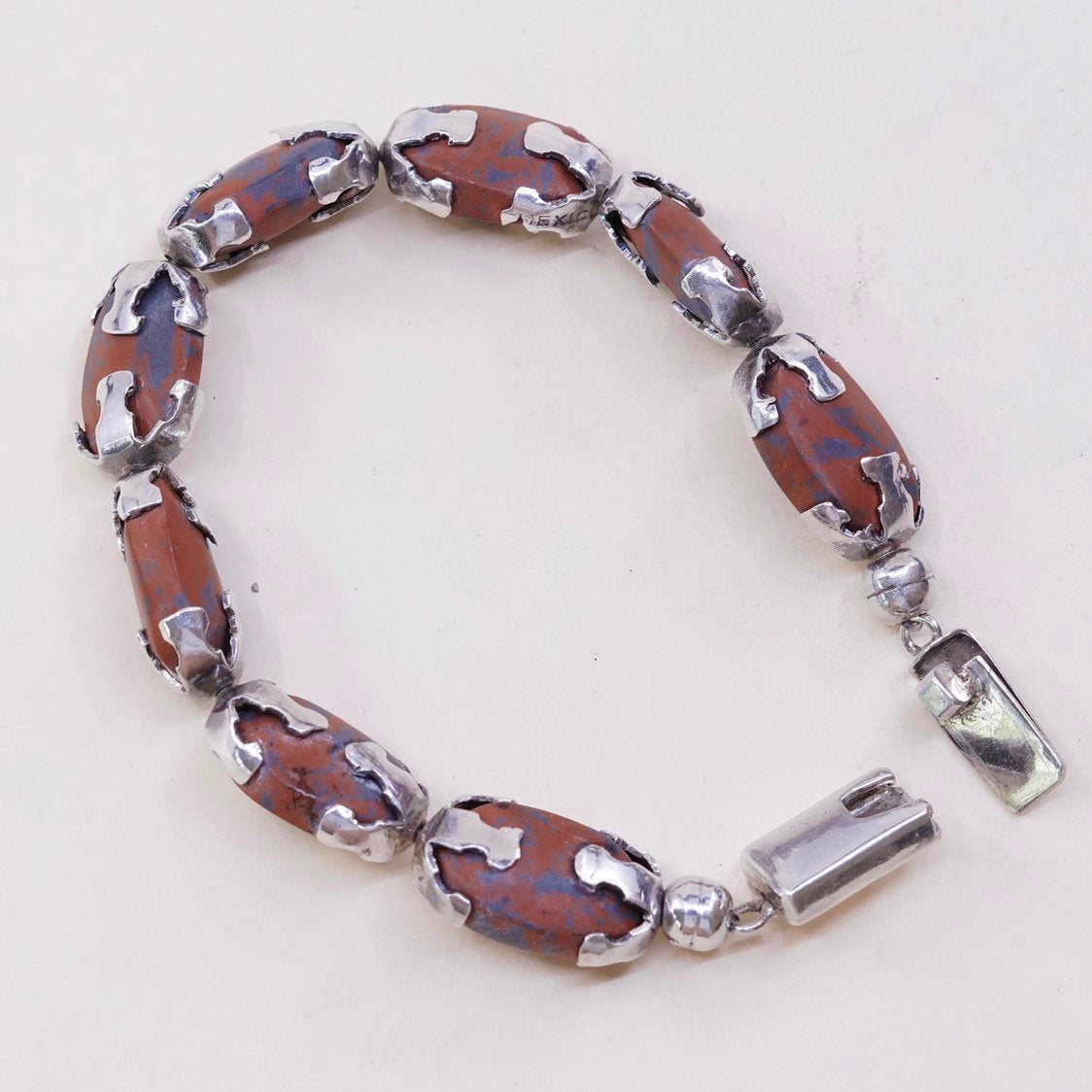 7”, VTG Sterling silver handmade bracelet, Mexico 925 w/ Oval bloodstone