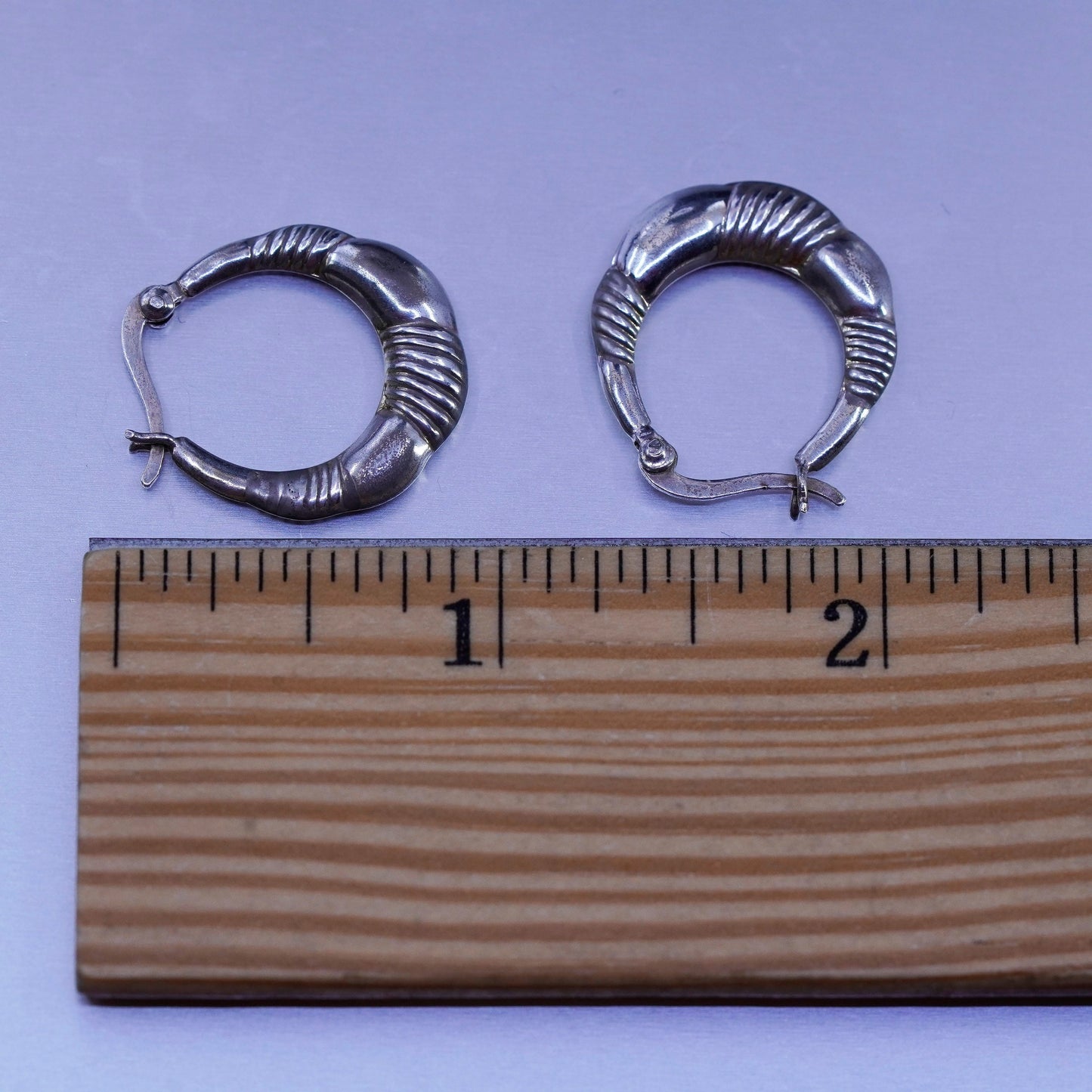 0.75”, vintage Sterling silver handmade earrings, ribbed 925 hoops