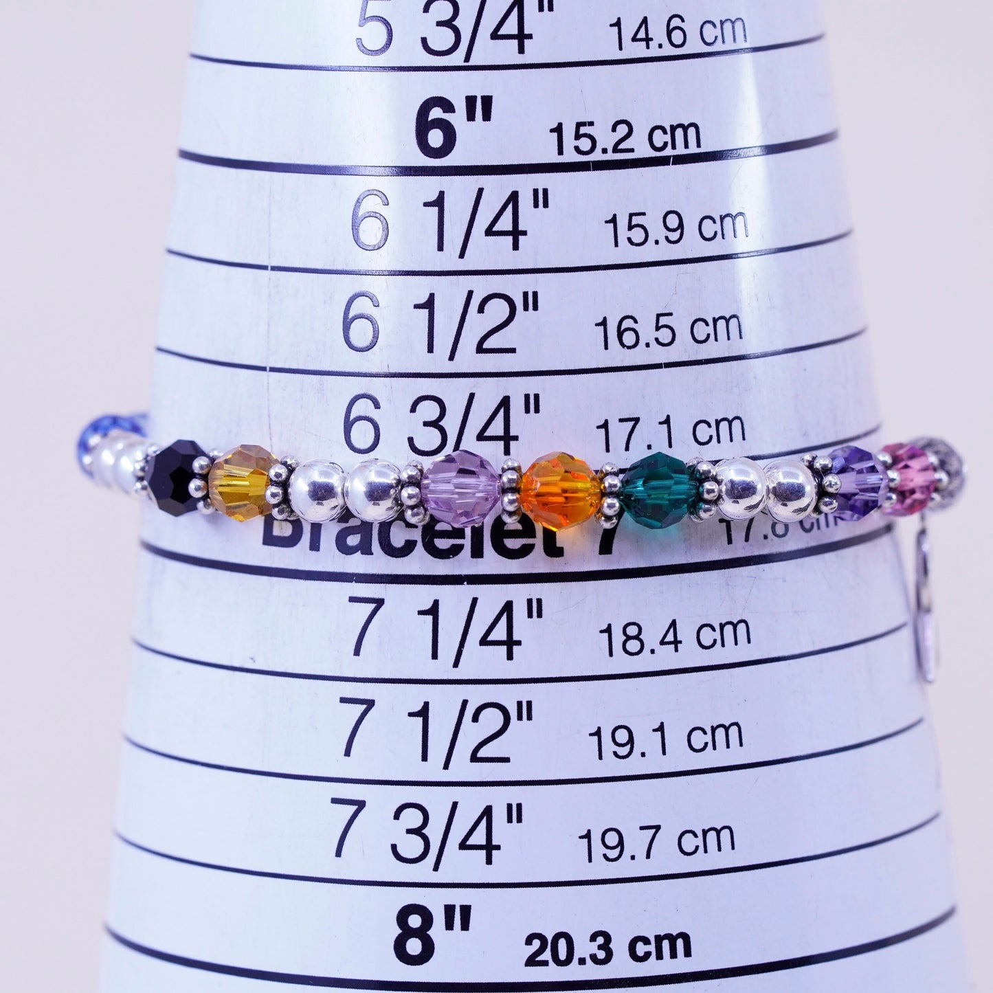 7”, Vintage sterling silver bracelet, 925 beads chain crystal ribbon bow charm