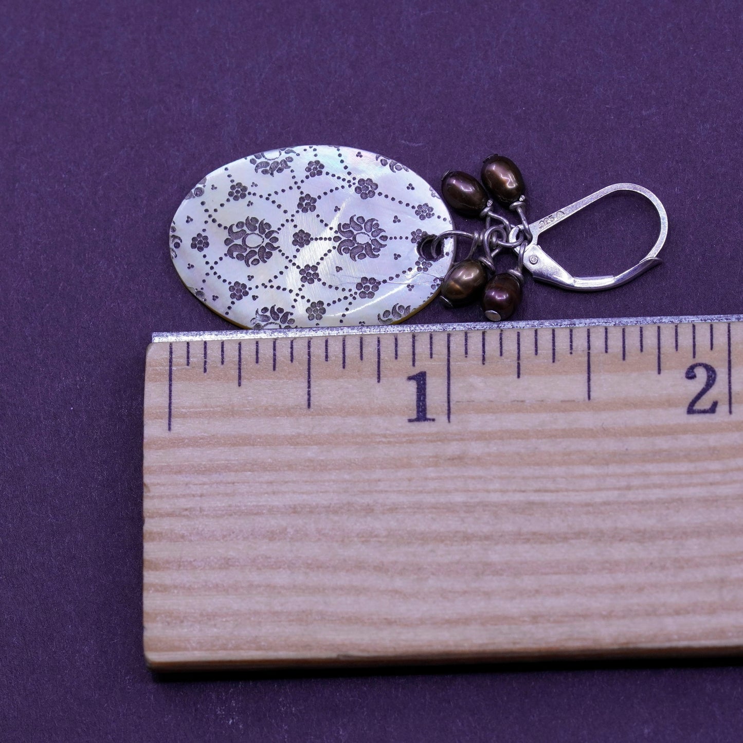 Vintage Sterling 925 silver Handmade earrings with cluster pearl abalone disc