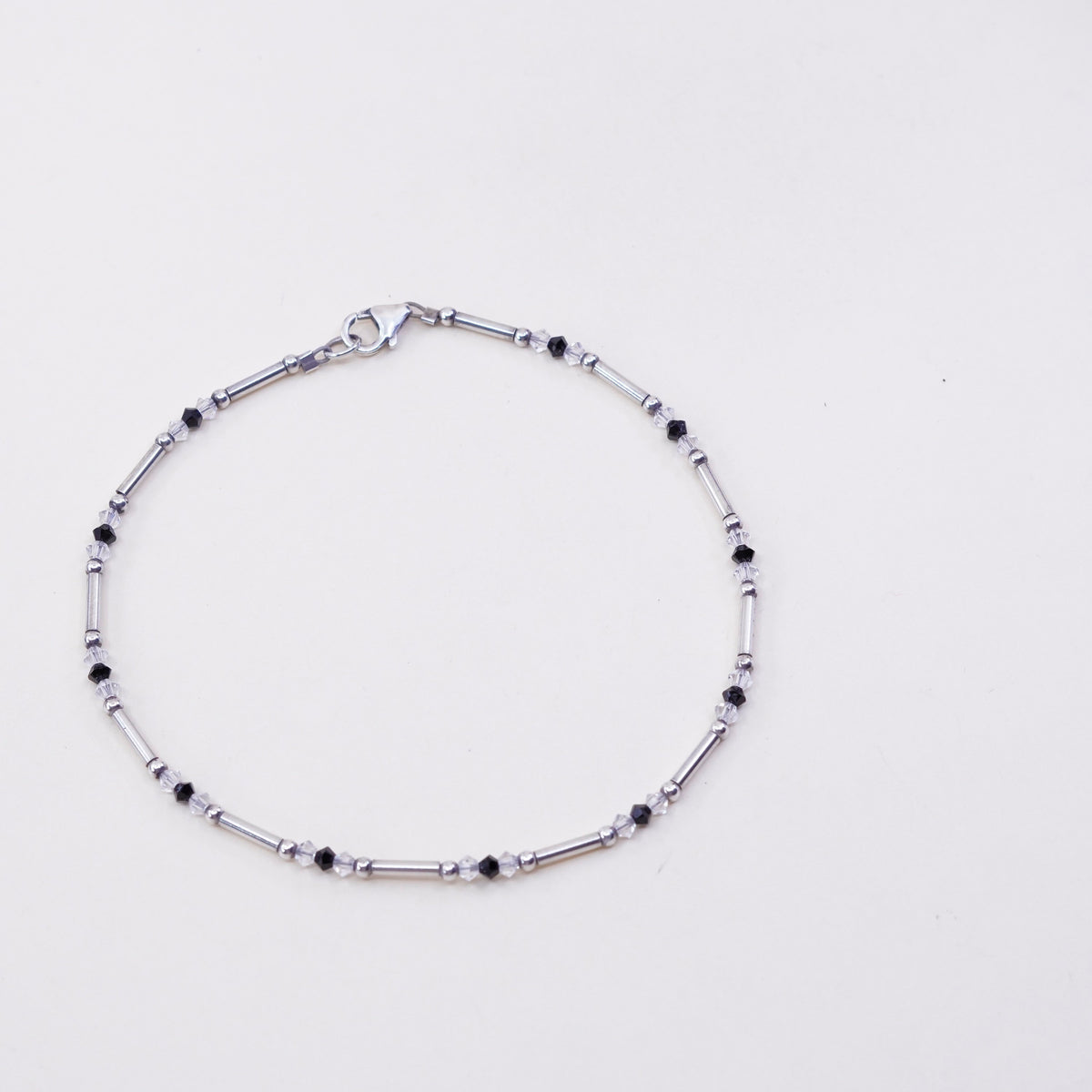 9.75”, vtg Handmade sterling silver anklet, 925 bar chain with crystal beads