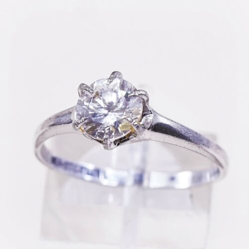 Sz 8.75, Vtg WJ Sterling Silver Handmade Ring, 925 Silver Engagement Ring W/ Cz