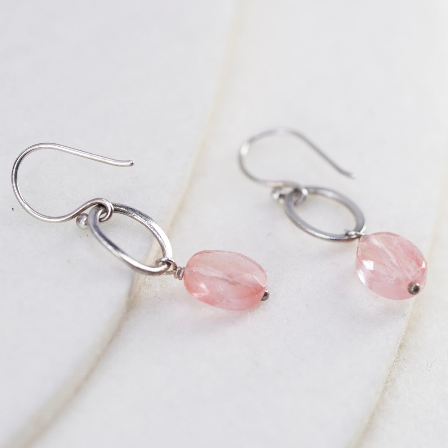 Vintage Sterling 925 silver handmade earrings with pink rose quartz