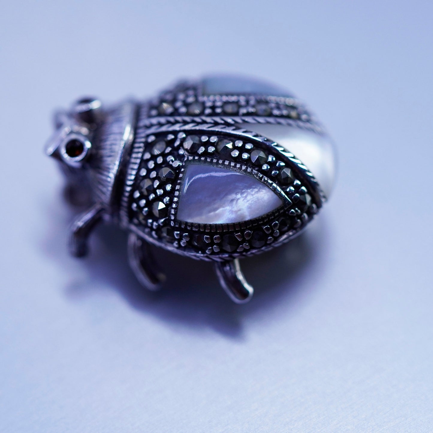sterling silver handmade brooch, 925 ladybug pin with moonstone and marcasite