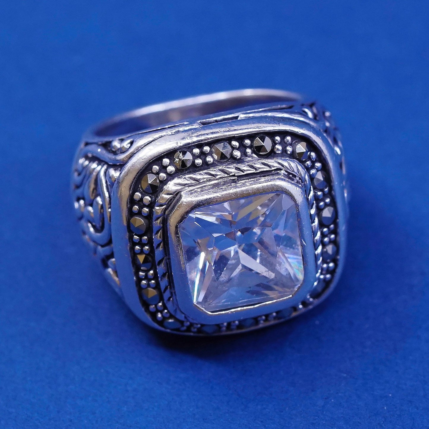 sz 7, vtg Sterling silver handmade statement ring, 925 w/ Cz N marcasite