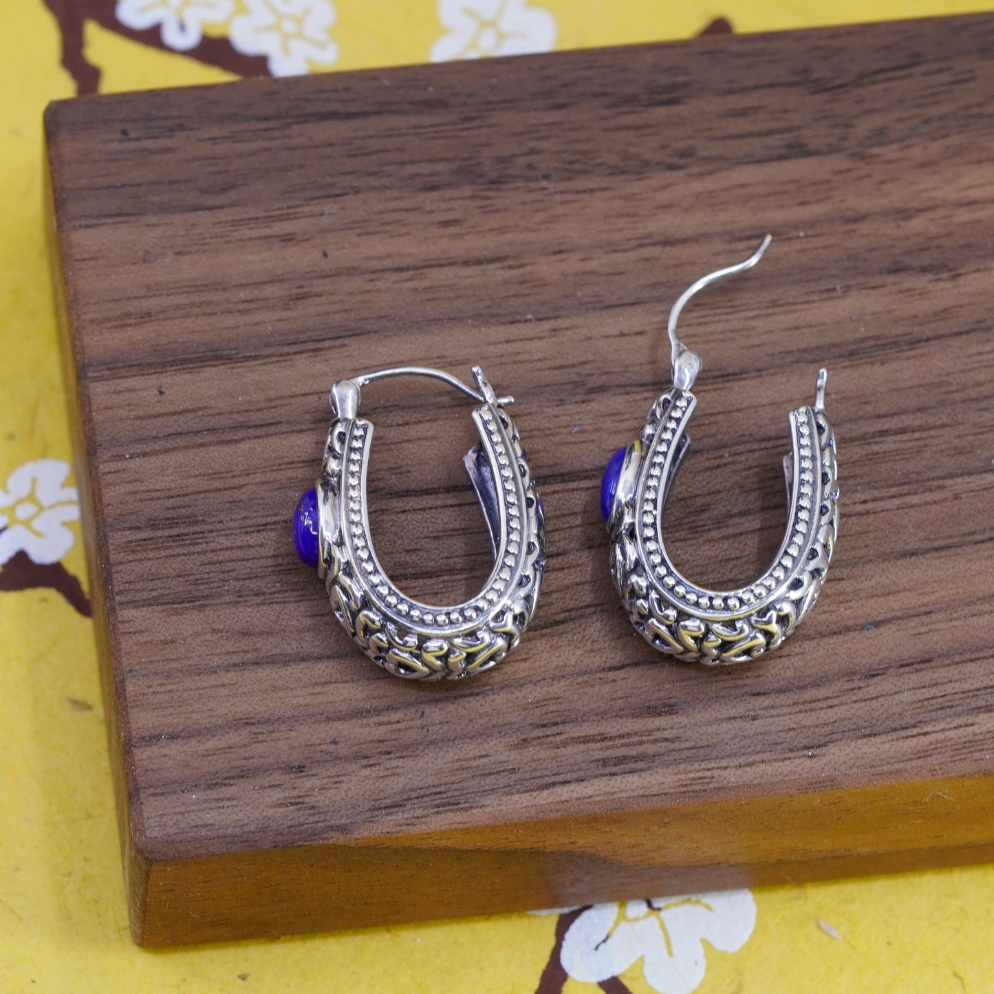1”, Sterling silver handmade earrings, 925 huggie, filigree hoops lapis lazuli
