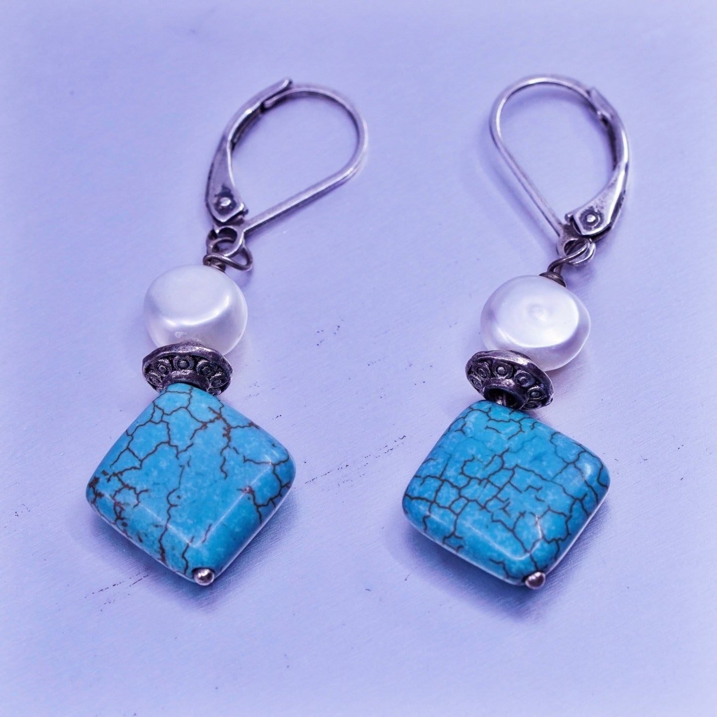 Vintage Sterling 925 silver handmade earrings with square turquoise and pearl