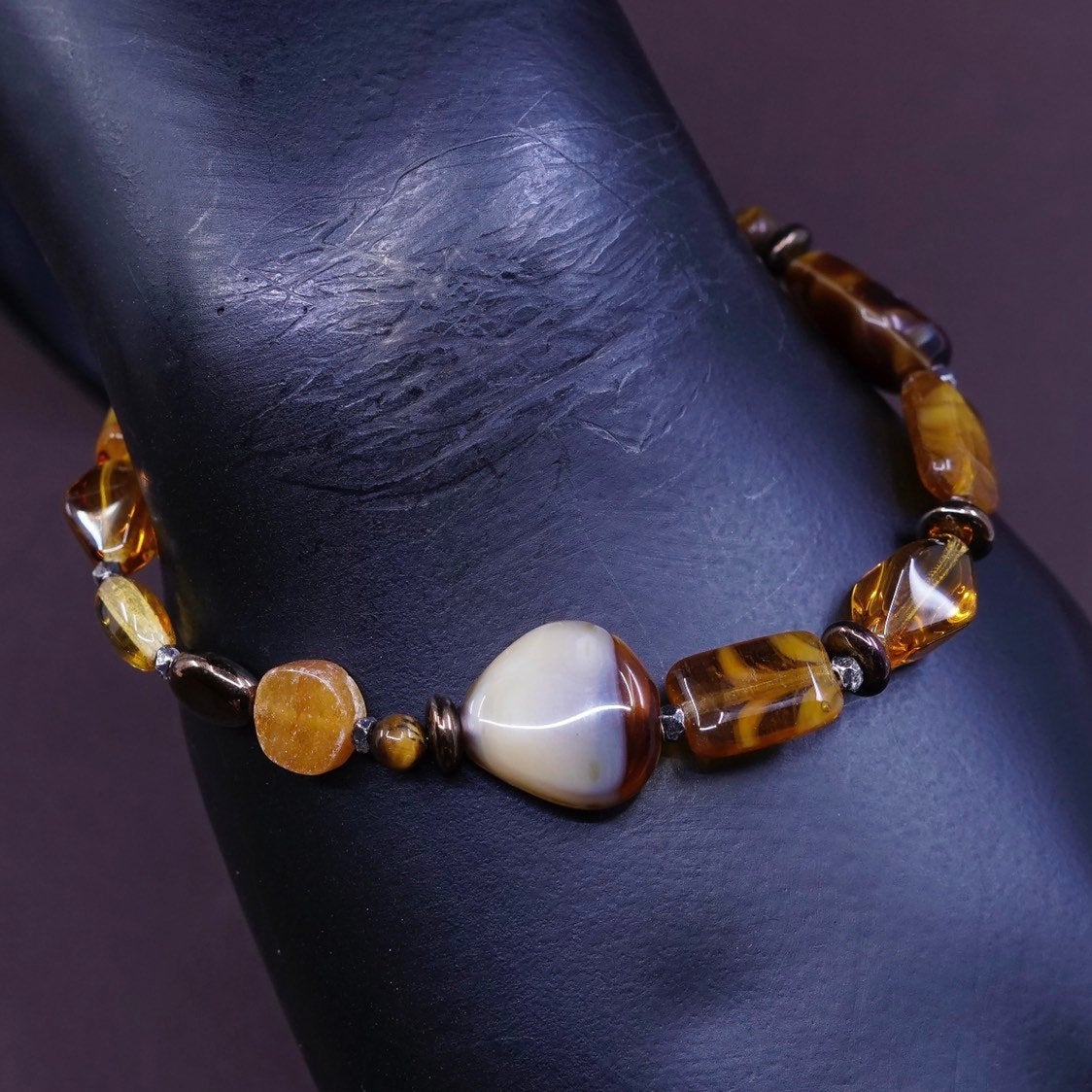 9.25", vtg Sterling silver handmade bracelet, 925 toggle closure w/ Amber