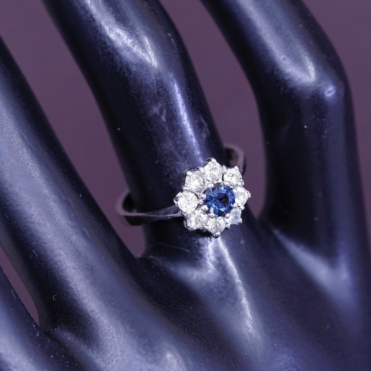Size 6.5, vintage Sterling 925 silver handmade ring with crystal and sapphire