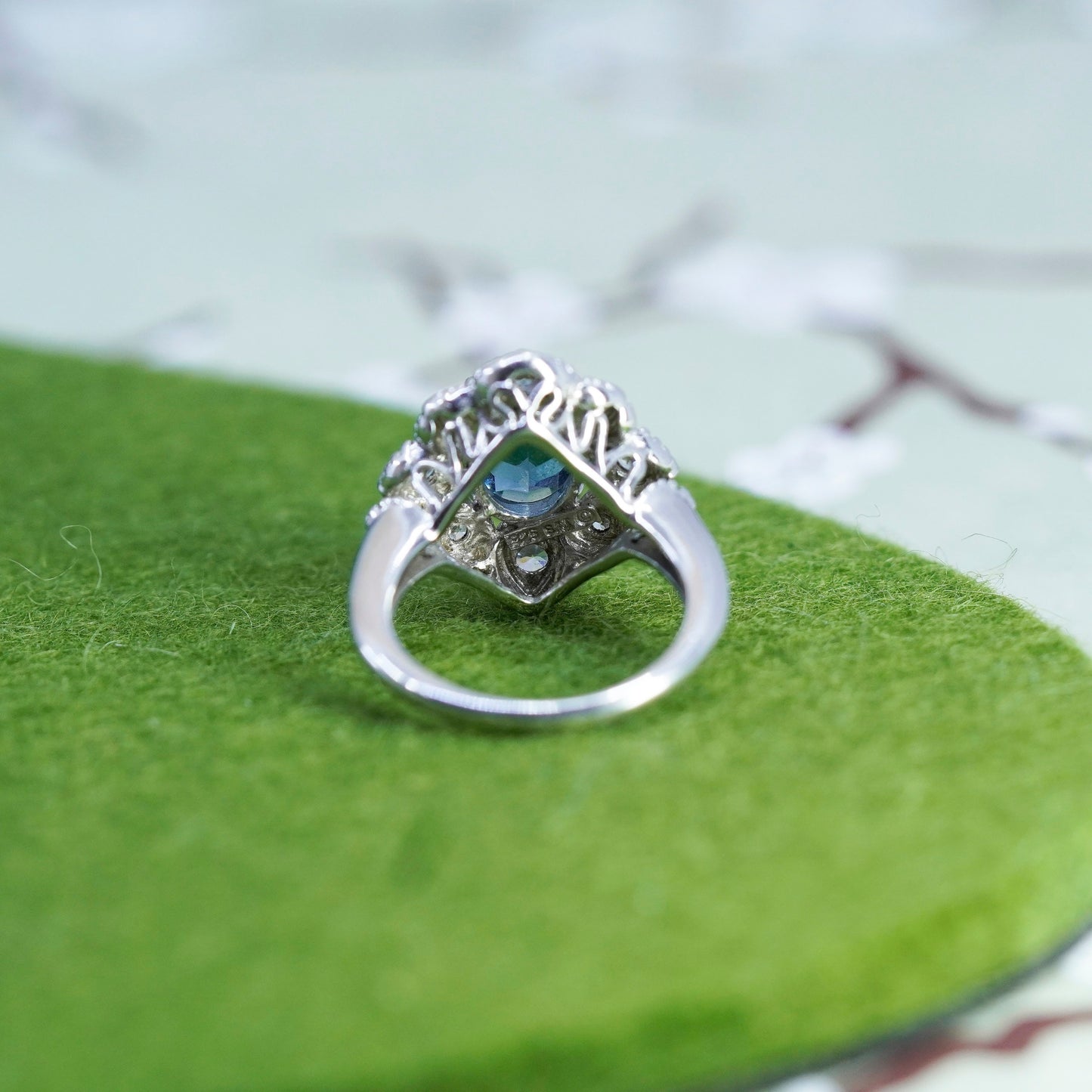 Size 7, vintage sterling 925 silver handmade ring with blue topaz and cz