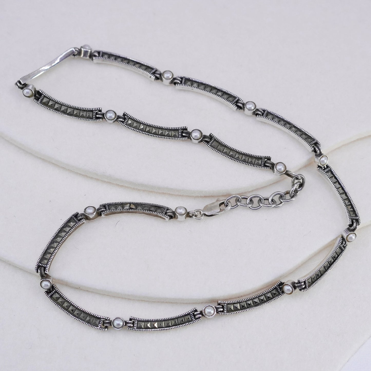16+1.5”, Judith Jack Sterling 925 silver bar chain tennis necklace Marcasite